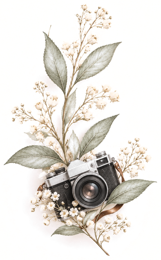 Ilustración de cámara de fotos antigua entre ramas de hojas y flores